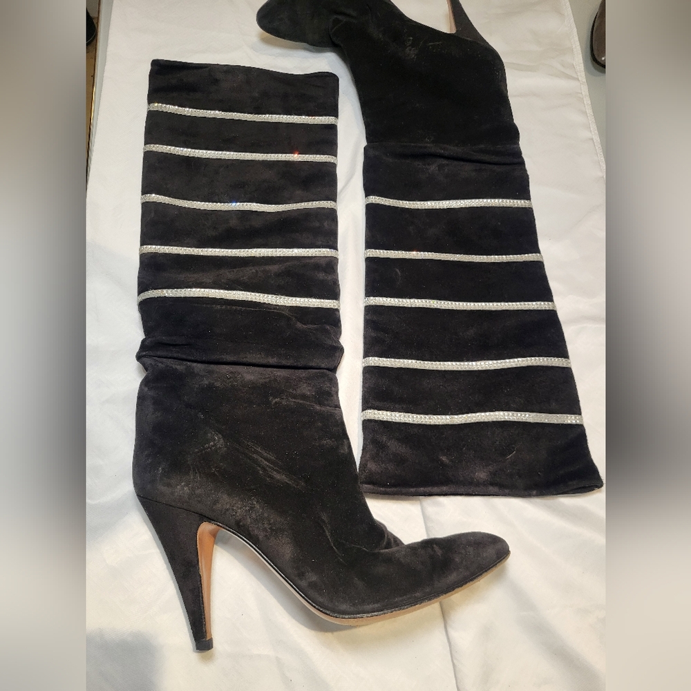 Casadei Black Suede Over-the-Knee Boots with Silver Accents